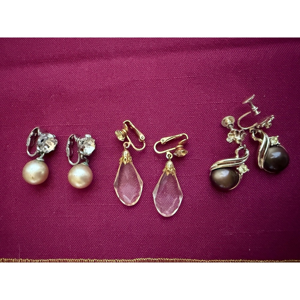 Vintage Earring Lot 3 Pairs Faux Pearl Glass Teardrop Clip On Screw Back Jewelry